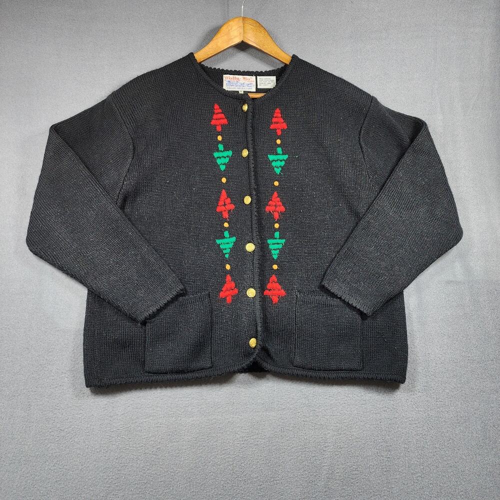 Vintage Tally Ho Creation Womens Sweater XL Black Cardigan Gold Buttons Pockets
